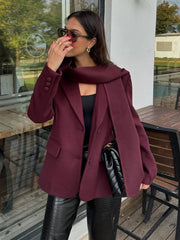 Aiertu - Fashion Woolen Blazer Jacket With Scarf Women's Loose Solid Pockets Long Sleeve Suits Coat Office Lady Versatile Outwear Aiertu