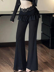 Aiertu -Textured Lace Panel Ruffle Flared Pants aiertu