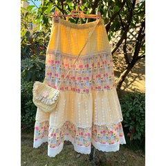 Aiertu - Vintage Plaid Midi Skirt Women Japanese Harajuku Print Skirts Summer Y2K Boho Korean Lace Patchwork Casual Design Faldas Aiertu