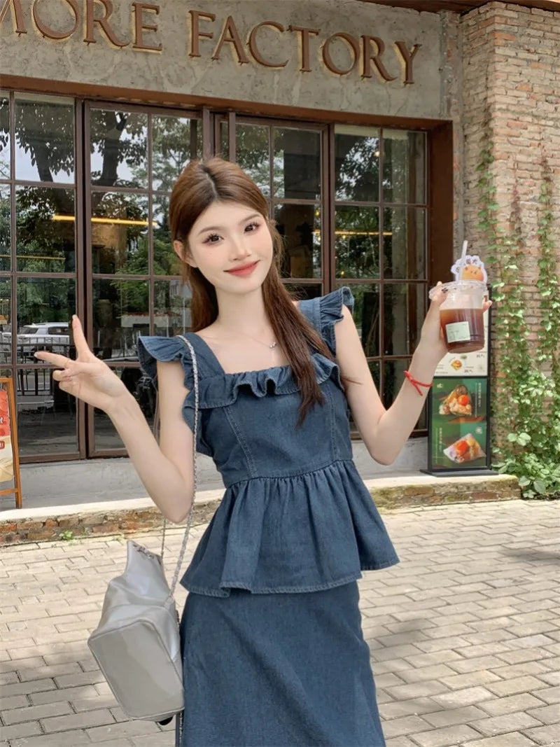 Aiertu - Sweet Hot Girl Denim Suit Women's Summer Pleated Flying Sleeve Top High Waisted A-line Long Skirt Two-piece Set Female Clothes Aiertu