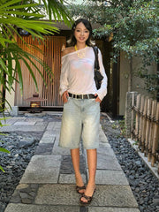 Aiertu Light Blue Denim Bermuda Pants Women Summer Shorts Bleached Solid Straight Wide Leg Jeans Jorts Holiday Casual Clothes Aiertu