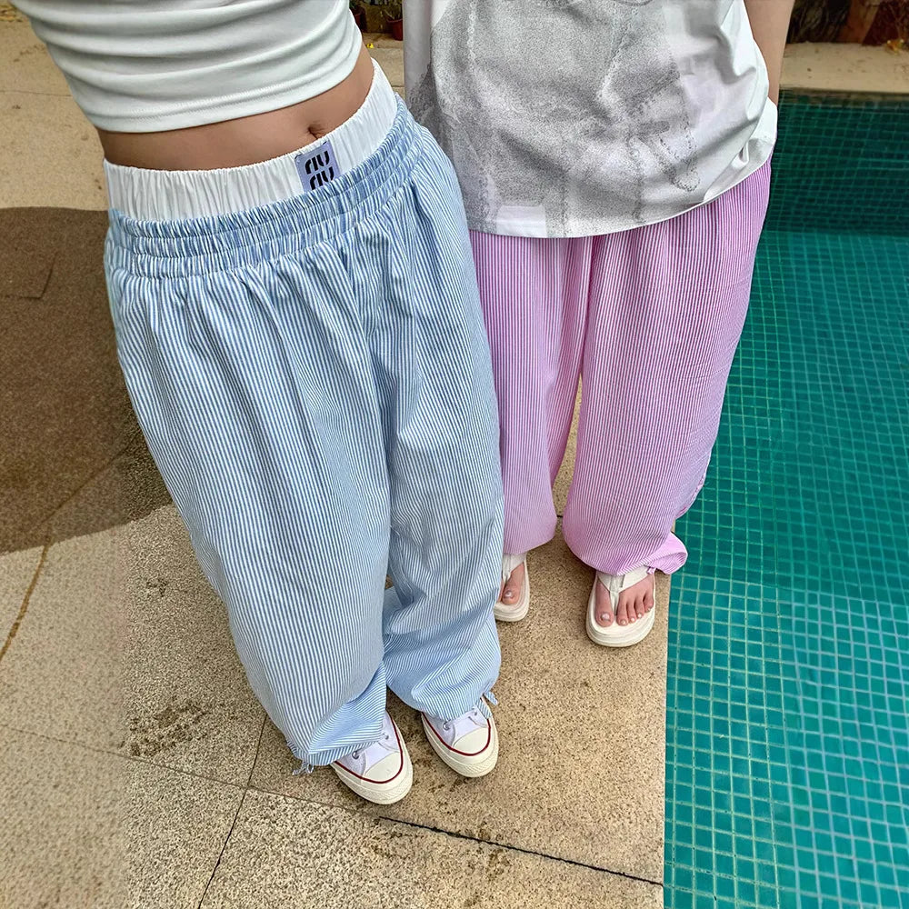 Aiertu - Fake two-piece striped trousers for men and women 2026 summer new casual wide-leg design lazy style thin straight pants Aiertu