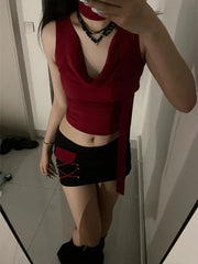 Aiertu - Streetwear Sexy Swing Collar Bandage Tanks 2025 Summer Harajuku Vintage Cropped Camisoles Y2k Aesthetic Fairy Solid Grunge Vests Aiertu