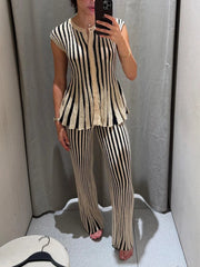 Aiertu - Striped Loose Two Piece Set for Women O Neck Sleeveless Top High Waist Wide Leg Pants Casual Sets Female Sumemr New Aiertu