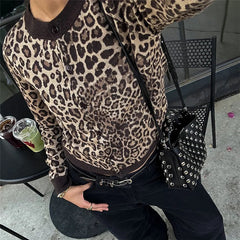 Aiertu - Fashion Leopard Printed Sweater Cardigan Autumn Long Sleeve O Neck Single-breasted Knit Tops Vintage Y2K Outerwears 가디건 Aiertu