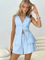 Aiertu - Solid Vest Two-piece Set Women V Neck One Buttons Sleeveless Waistcoat+Drawstring Shorts Summer Simple Casual Fashion Short Pant Aiertu