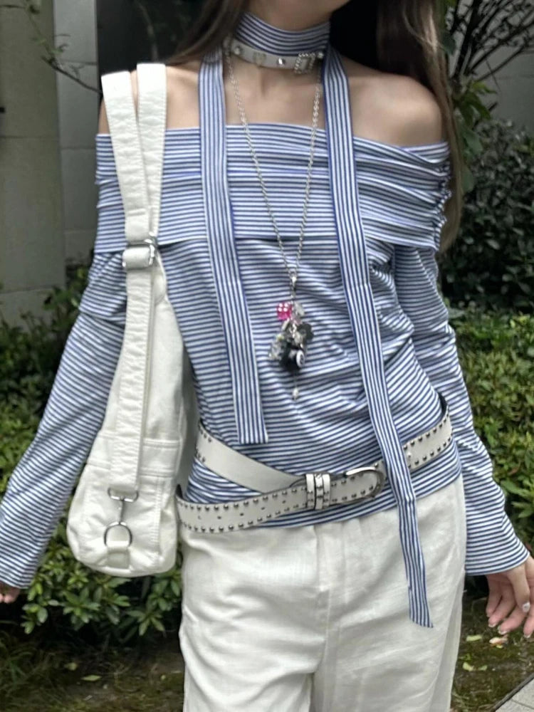 Aiertu - Autumn Slash Neck Blue Stripe Y2k Aesthetic Tshirts Streetwear Bandage Women Slim Fit Tee Shirts Vintage Harajuku Basic T-shirt Aiertu