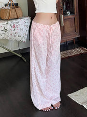 Aiertu - Cute Coquette Pink Floral Print Casual Pants y2k Aesthetic Lace-up Low Rise Loose Straight Pants Korean Fashion Trousers Aiertu