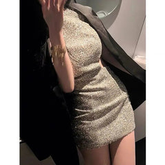Aiertu - Spicy Girl Elegant Hollow Slant Shoulder Sexy Dress Autumn/Winter New Sleeveless Slimming Warp Hip Tight Mini Dress for Women Aiertu