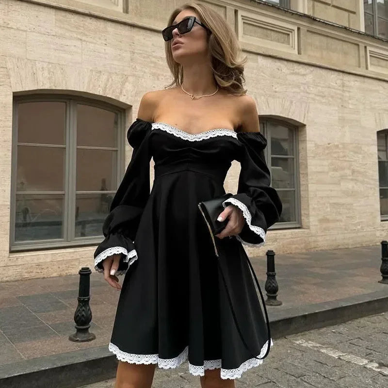 Aiertu - Lace Splice Big Hem Long Sleeve Dress Lady Eelgant Contrast Color Square Collar Fashion Club Party Dress Loose High Waist Aiertu