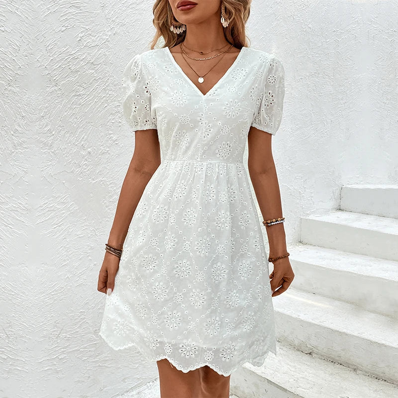 Aiertu - 2026 New Summer V-neck Dress White Short Sleeved Women's Fashion Hooked Flower Hollow Lace Dresses Open Back Lace Up Dress Aiertu