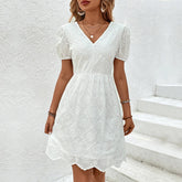 Aiertu - 2026 New Summer V-neck Dress White Short Sleeved Women's Fashion Hooked Flower Hollow Lace Dresses Open Back Lace Up Dress Aiertu