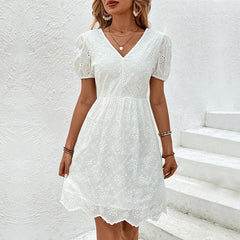 Aiertu - 2026 New Summer V-neck Dress White Short Sleeved Women's Fashion Hooked Flower Hollow Lace Dresses Open Back Lace Up Dress Aiertu