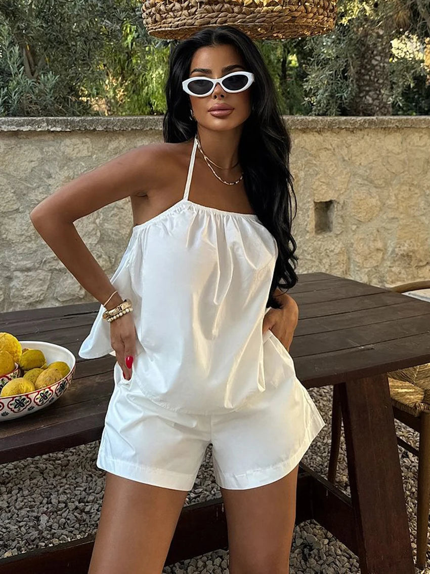 Aiertu - Cotton Femme Sleepwear Set Backless Pajama Sexy Spaghetti Strap Nightgown Lace Up Nightie Shorts Women Nightwear Suit Aiertu