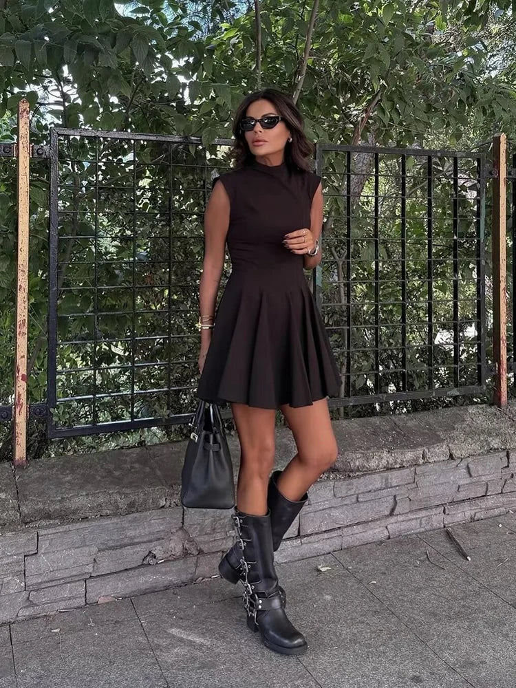 Aiertu - Women Fashion Solid Pleated A-Line Back Zipper Mini Dress Vintage O-Neck Sleeveless Female Chic Lady Dresses Aiertu
