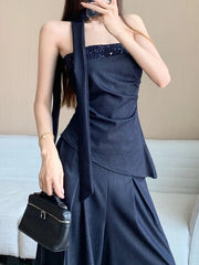 Aiertu - Advanced retro Tencel denim suit women's summer fashion sequin strapless top high waist wide leg pants skirt two-piece set Aiertu