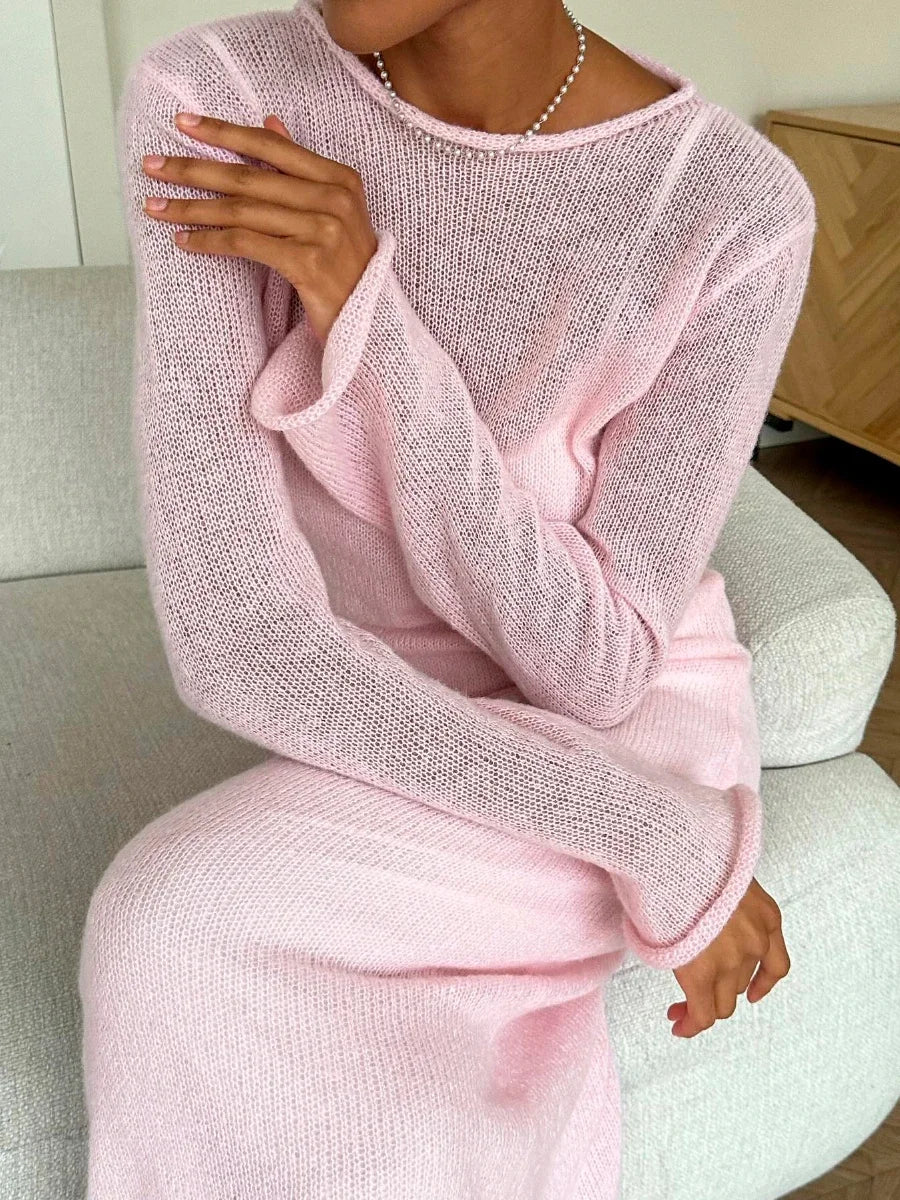 Aiertu - O-Neck Elastic Knitted Long Dress ï¼?Camisole Skirt Women Chic Soft Lady Hollowing Sweater Dresses 2 Pieces Sets Aiertu
