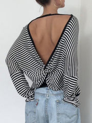 Aiertu - summer inspo Twist Backless Loose Casual Stripe Long Sleeve T Shirt Women Contrast Binding O Neck Minimalist Pullover Tops Aiertu