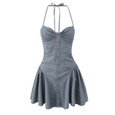 Aiertu - Sexy Backless Gray Striped Halter Mini Dress Women Front Button Low Waist Fit And Flare Slim Dress Summer Robe New 2025 Aiertu