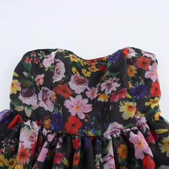 Aiertu - Sexy Women Black Flower Print Organza Strapless Dress Hem Ruched Swing BUD Party Skater Mini Short Robe Aiertu