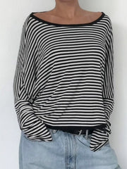 Aiertu - summer inspo Twist Backless Loose Casual Stripe Long Sleeve T Shirt Women Contrast Binding O Neck Minimalist Pullover Tops Aiertu