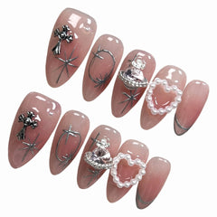 Aiertu 10pcs Blush Pink Fake Nail Patches Handmade Pearl Love Heart Press On Nails Planet Cross Designs Detachable Almond Aiertu