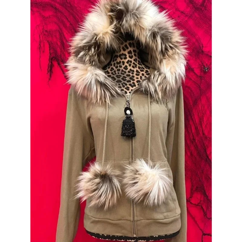 Aiertu - American Retro Letter Print Fur Collar Hooded Sweatshirt Women Winter Retro Streetwear Loose Casual Harajuku Zipper Hoodie Aiertu
