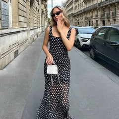 Aiertu - See Through Polka Dot Print Mesh Summer Dress French Style Elegant Square Neck Sleeveless Long Dresses P77-EG35 Aiertu
