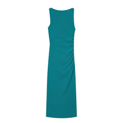 AIERTU - French Style Sleeveless Dress Women Summer Elegant Cowl Neck Ruched Slit Maxi Dresses Luxury Metal Decor Vestidos Tight Robe Aiertu