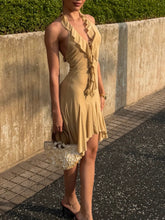 AIERTU - Y2K Halter Ruffle Mini Dress Women Sexy Deep V Neck Backless Dresses Summer Elegant Irregular Hem Beach Sundress Vestidos Aiertu