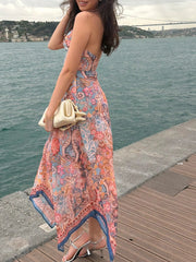 AIERTU - Elegant Paisley Print Halter Dress Women Sexy Backless Irregular Hem Chiffon Scarf Dress Female Summer Party Club Midi Vestido Aiertu