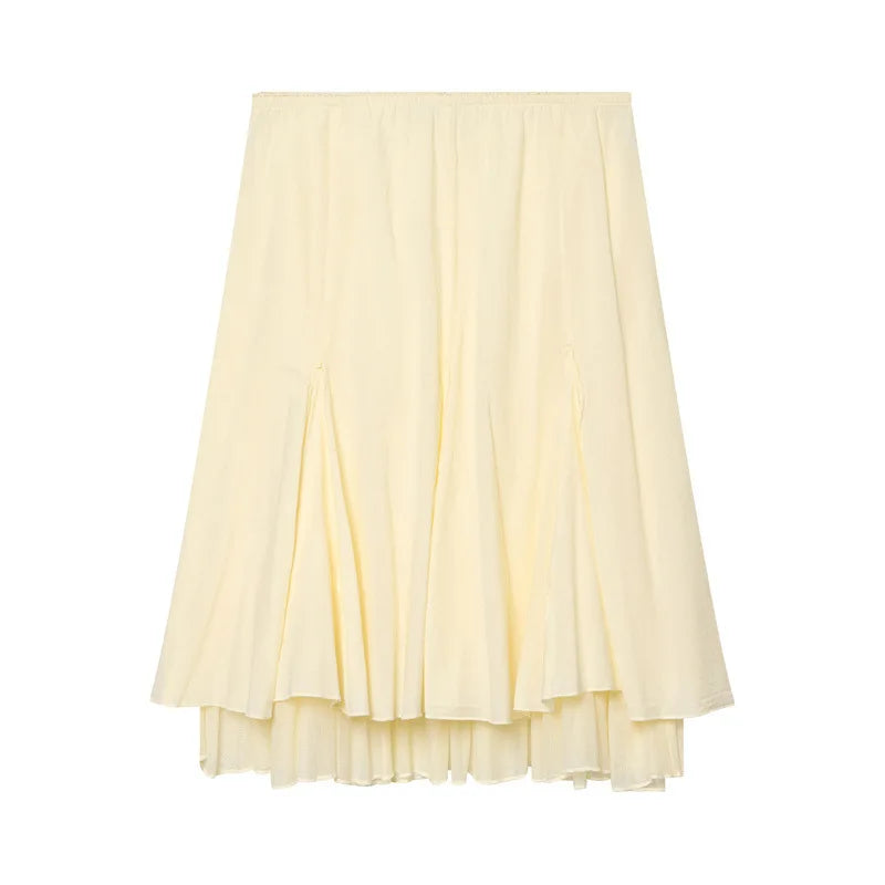 AIERTU - French Elegant Layered Midi Skirt Women Fairycore High Waist Pleated Ruffle Skirts Summer Solid Chic Casual A-Line Long Jupe Aiertu