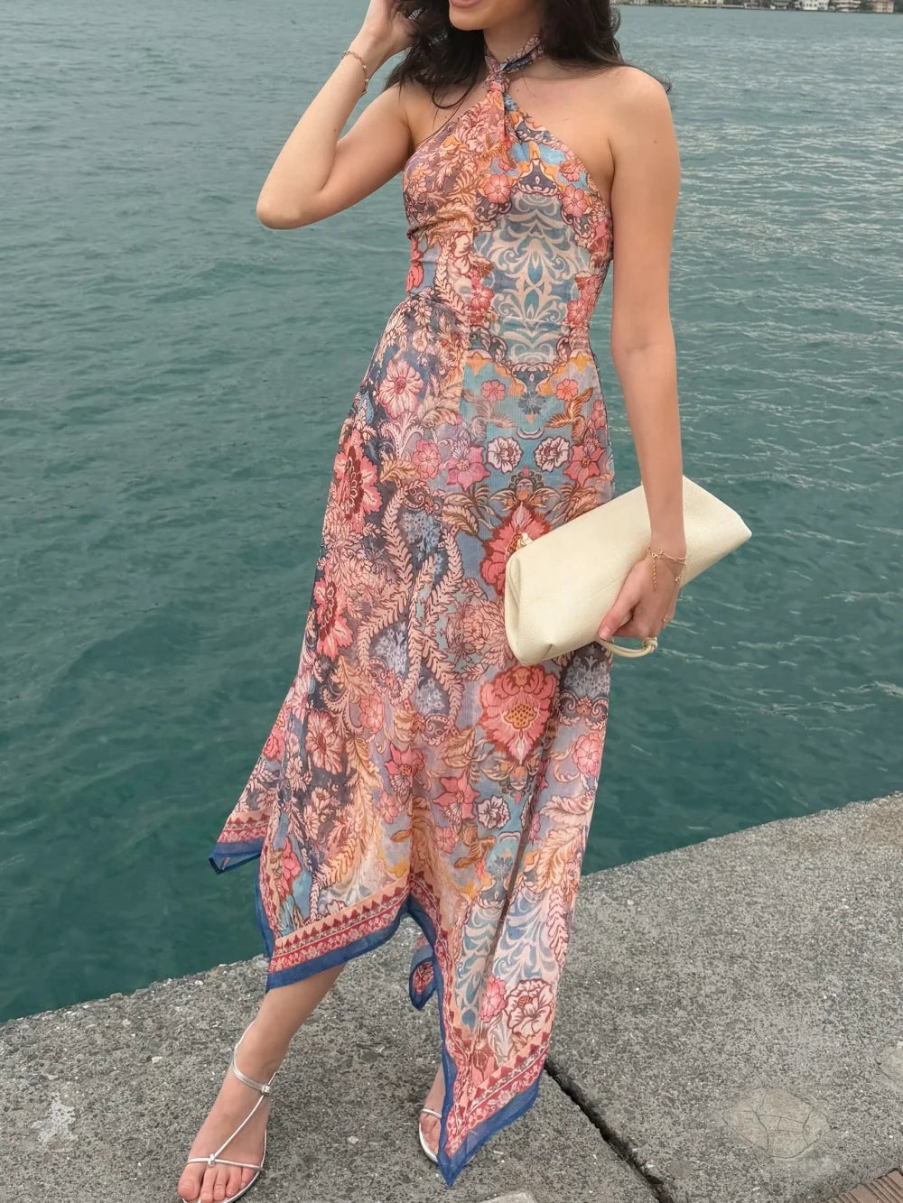 AIERTU - Elegant Paisley Print Halter Dress Women Sexy Backless Irregular Hem Chiffon Scarf Dress Female Summer Party Club Midi Vestido Aiertu