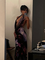 Backless Maxi Dress Women Sexy Purple Print Halter Bodycon Dress Summer Beach Outfits Elegant Sleeveless Club Party Dress Aiertu
