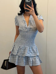 AIERTU - New Woman Spring Fashion Comfortable Short Sleeves Lapel Layered Decoration Plaid Short Dress Female Casual Outing Dress Aiertu