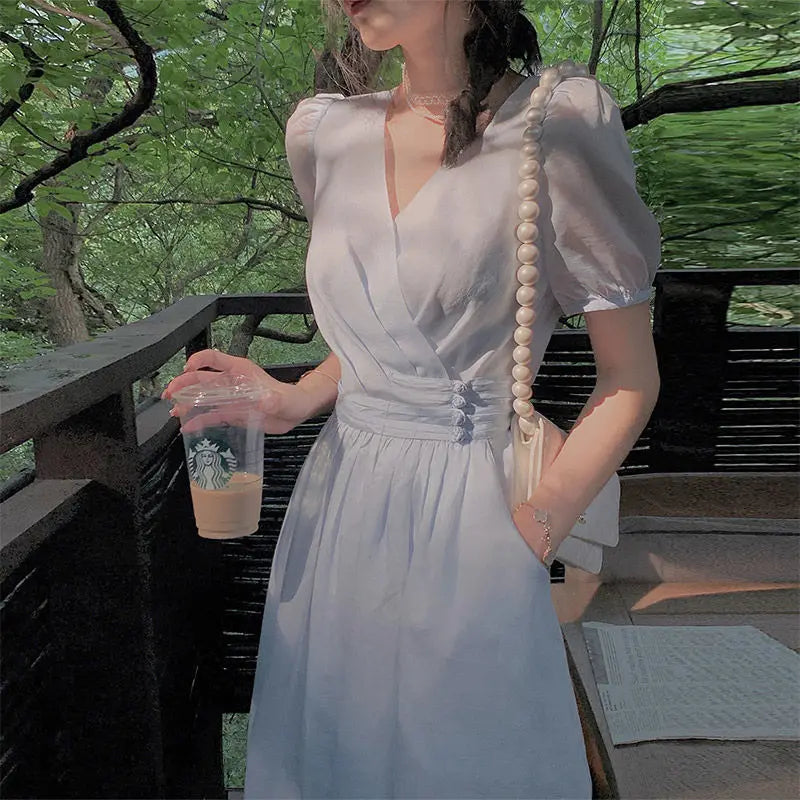 Aiertu Elegant Fairy Midi Dress Women French Princess V-neck Korean Party Dress Female Summer One-piece Dress Office Lady Causal Aiertu