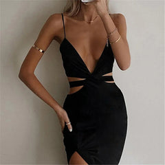 AIERTU - Summer Dress Spaghetti Straps Halter Deep V Neck Cut Out Long Side Split Dresses For Women Sexy Party Vestidos Black Aiertu