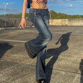 Aiertu Korean Style Harajuku Hot Mom Denim Jeans Y2K Grunge Vintage Low Waisted Pockets Skinny Flare Pants 2000s Retro Cargo Trousers Aiertu