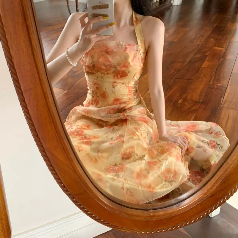 Aiertu French Vintage Dress Women Elegant Backless Floral Halter Neck Midi Dress Summer Chiffon Holiday Beach Dresses for Women Aiertu