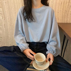 Aiertu Pure Cotton Tops Autumn Korean Lantern Puff Sleeve T-shirt Aesthetic Women's T Shirts Winter Woman Tshirts Clothing Long aiertu