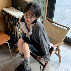Aiertu FALL OUTFITS Cardigan Women All-match V-Neck Lace Patchwork Sweater Spring Fall Gray Kawaii Retro Tender Knitted Simple Design Outerwear Aiertu
