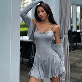 Aiertu Women two piece cotton suit skirt short cardigan long sleeve sexy korean cross tank pleated skirt slim nightclub Aiertu