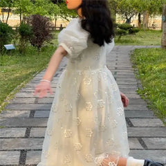 Aiertu Summer Long Fairy Dress Women Sweet Mesh Hollow Out Designer Vintage Dress 2021 Elegant Korean High Waist Party Floral Dress Aiertu