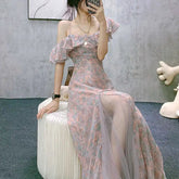 Aiertu Vintage Chiffon Midi Dress Women Floral Print Design Korean Party Split Dress Female Summer Evening Beach Boho Dress Casual Aiertu