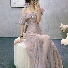 Aiertu Vintage Chiffon Midi Dress Women Floral Print Design Korean Party Split Dress Female Summer Evening Beach Boho Dress Casual Aiertu