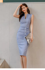 Aiertu Hot sale Office Lady Pencil Dress Summer Tight V-Neck Sleeveless Decorative Single-Breasted Folds Elegant Dress Aiertu