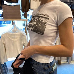 Aiertu Women "Radio Silence" Print Front Short Sleeve T-shirt Crop Top Aiertu