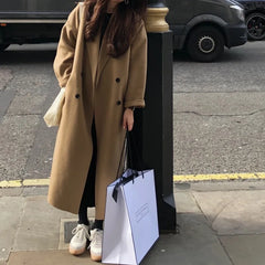 Aiertu Winter Korean Handmade Double Breasted Long 100% Wool Coat Women Casual Loose Lacing Belt Woolen Overcoat Oversized Aiertu