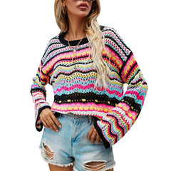 Aiertu Women Round Neck Loose Sweaters, Bohemian Long Sleeve Crochet Knit Pullover Tops Aiertu