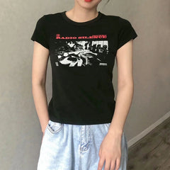 Aiertu Women "Radio Silence" Print Front Short Sleeve T-shirt Crop Top Aiertu